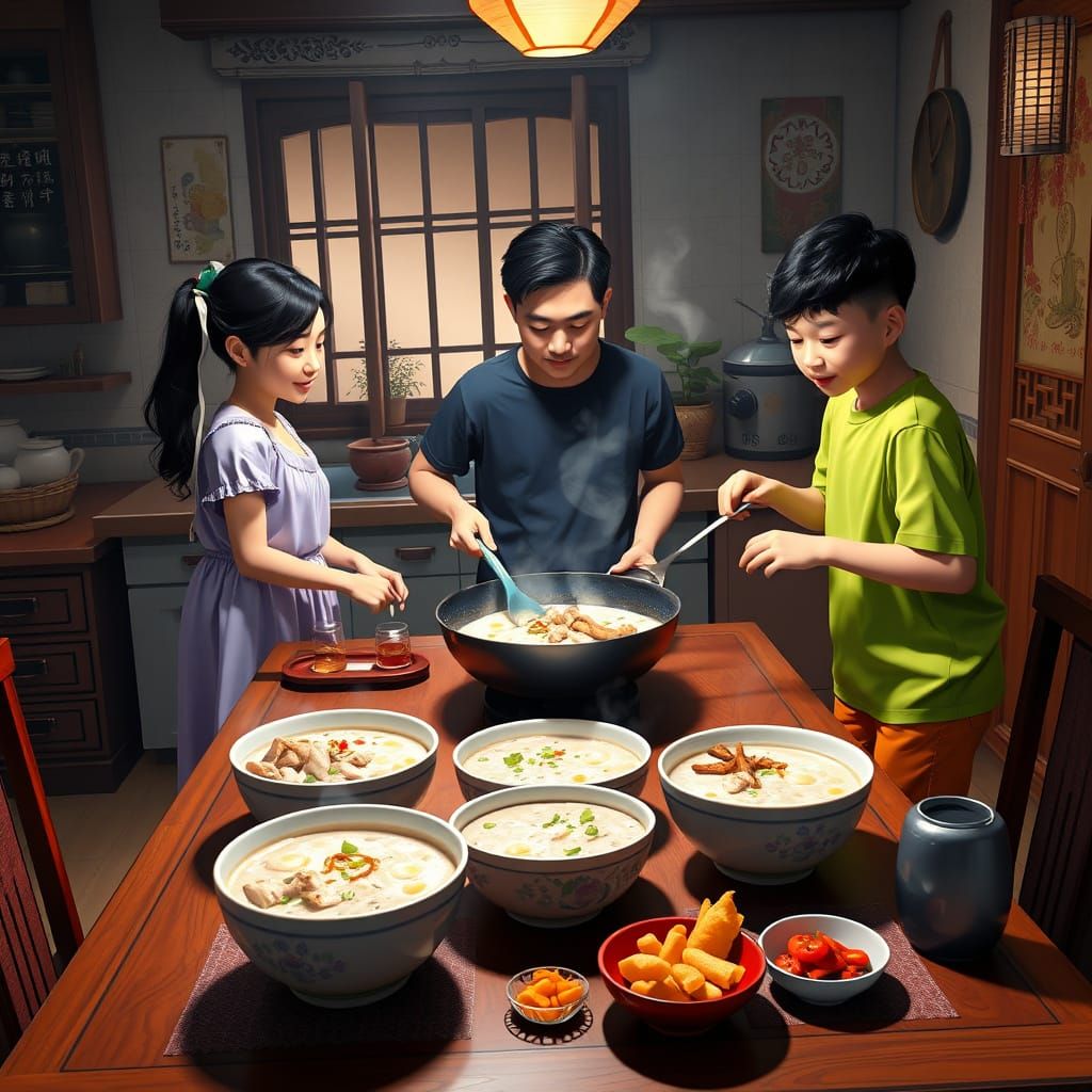 Siblings Gather for Breakfast in Whimsical Fantasy Kitchen