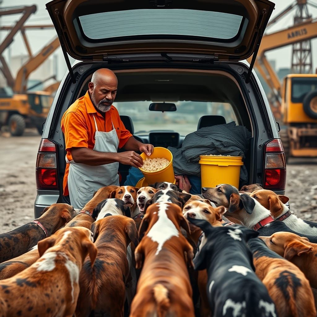 Kind Man Feeds Stray Dogs in Detailed Matte Painting