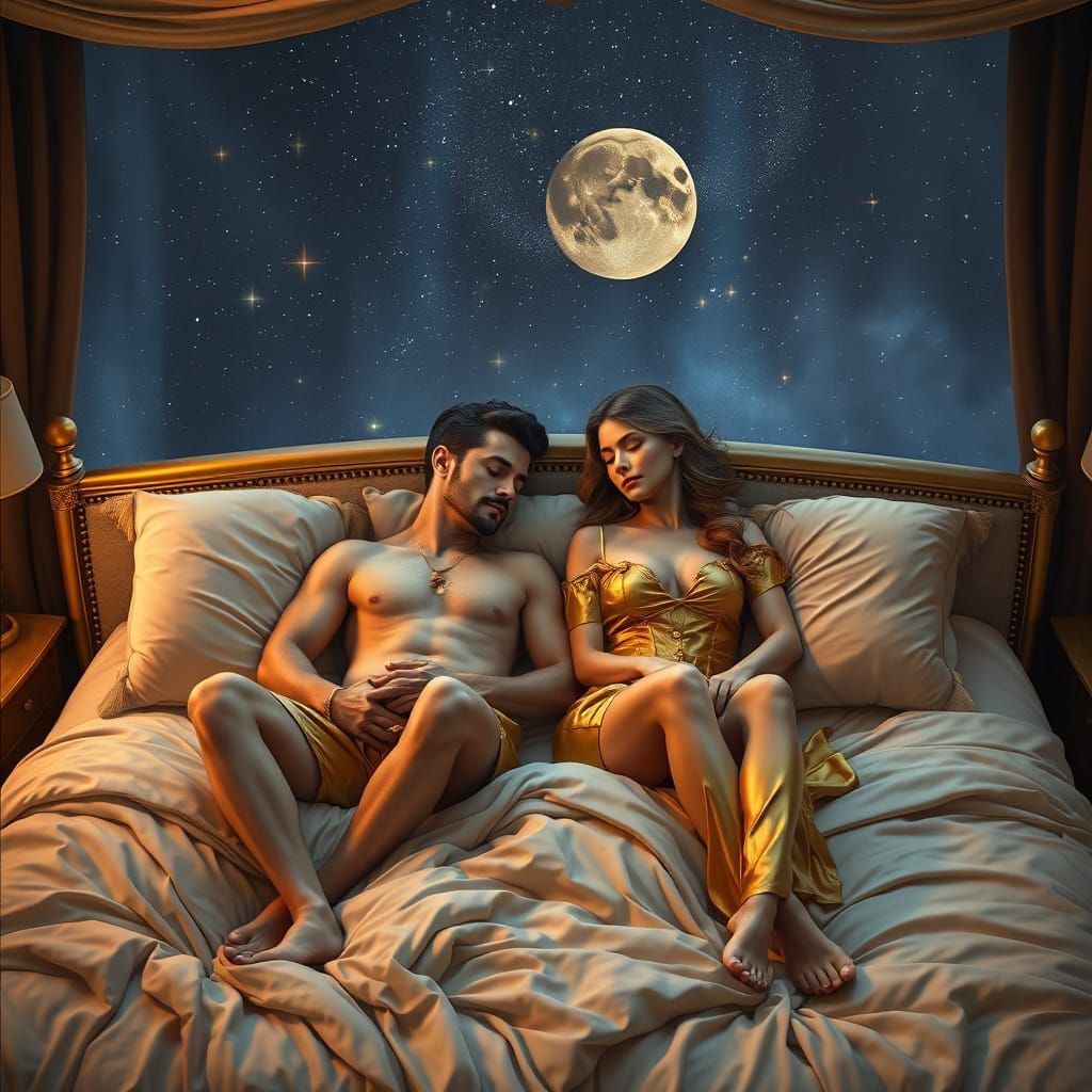 Couple Sleeps in Luxurious Bedroom with Golden Accents