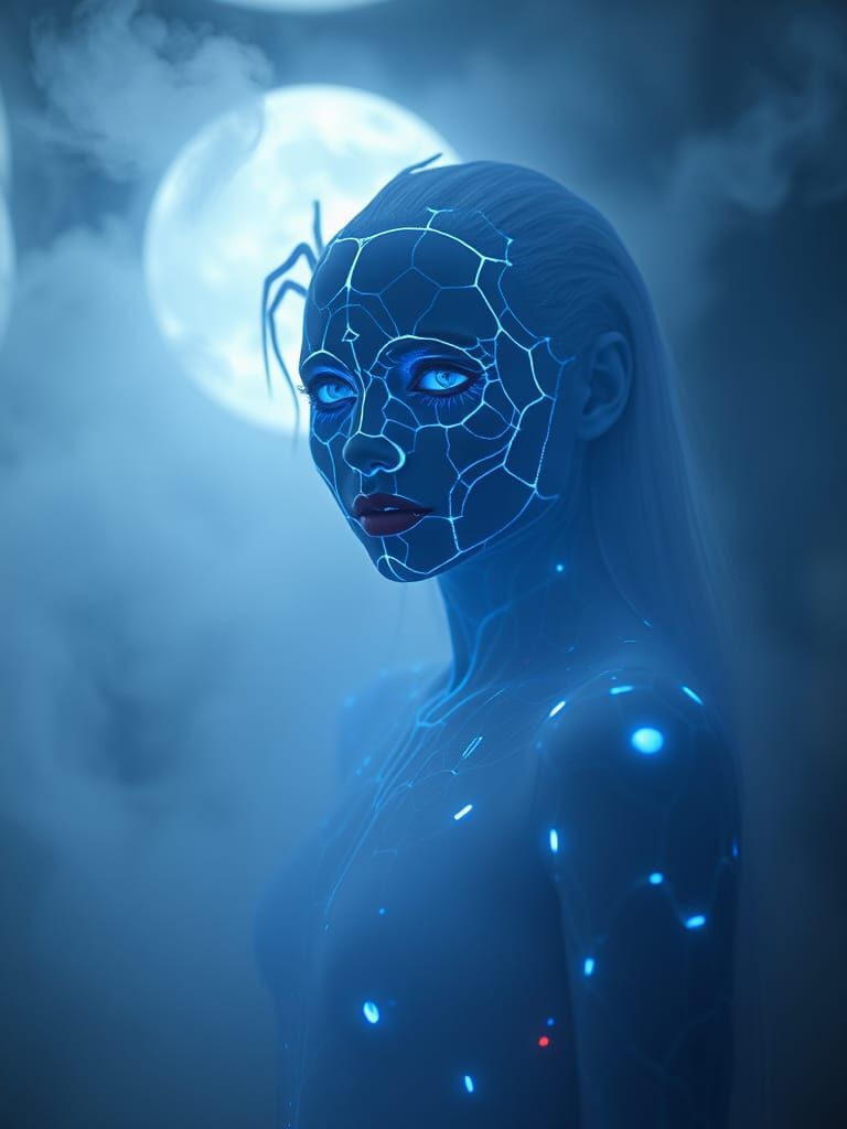 Albino Woman with Blue Lines in Laser Box