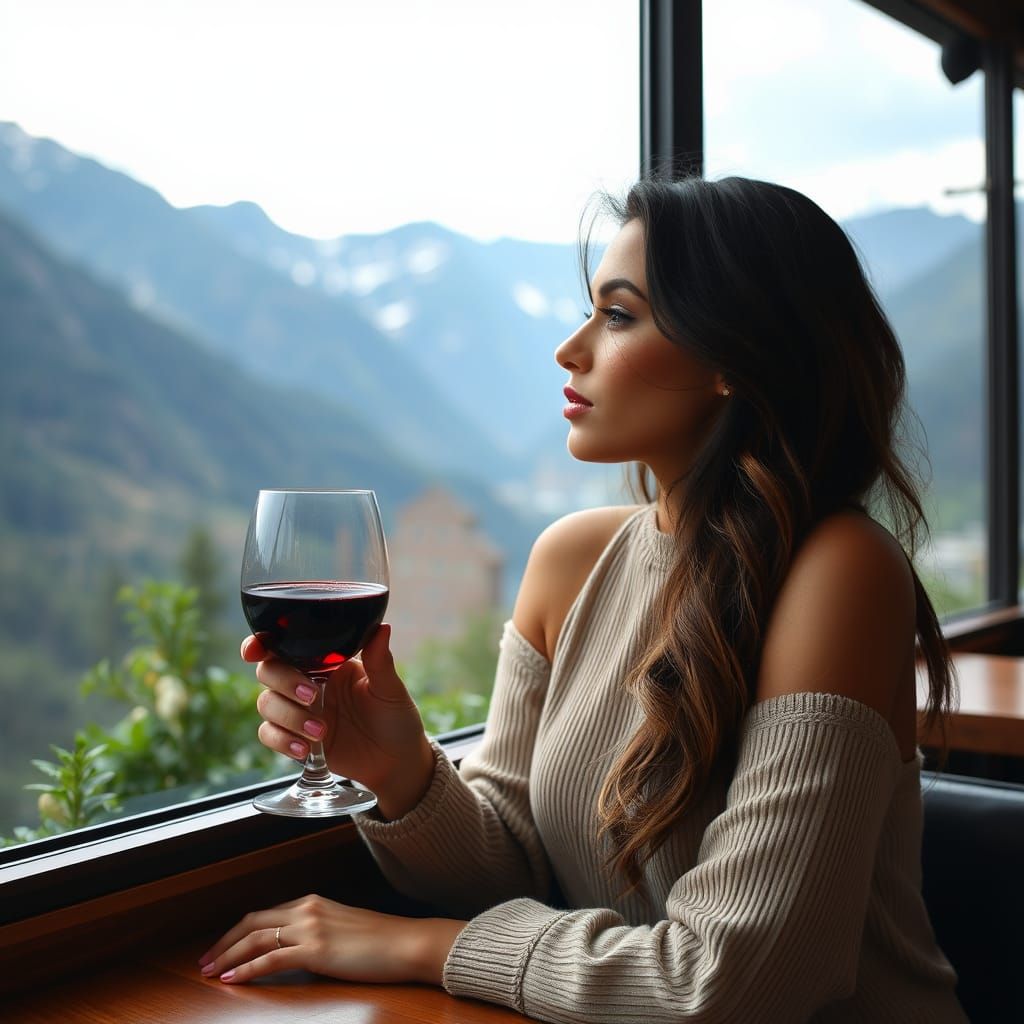 Supermodel Enjoys Scenic View with Glass of Red Wine