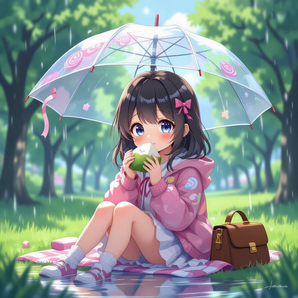Anime Girl Eats Onigiri in Rainy Candyland Park