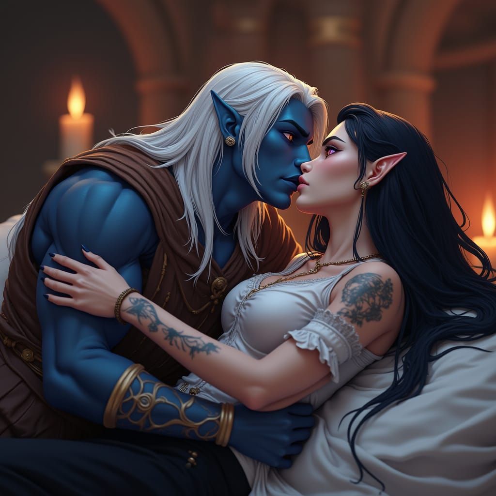 Drow and Half-Elf Lovers Embrace: Anime-Inspired Art