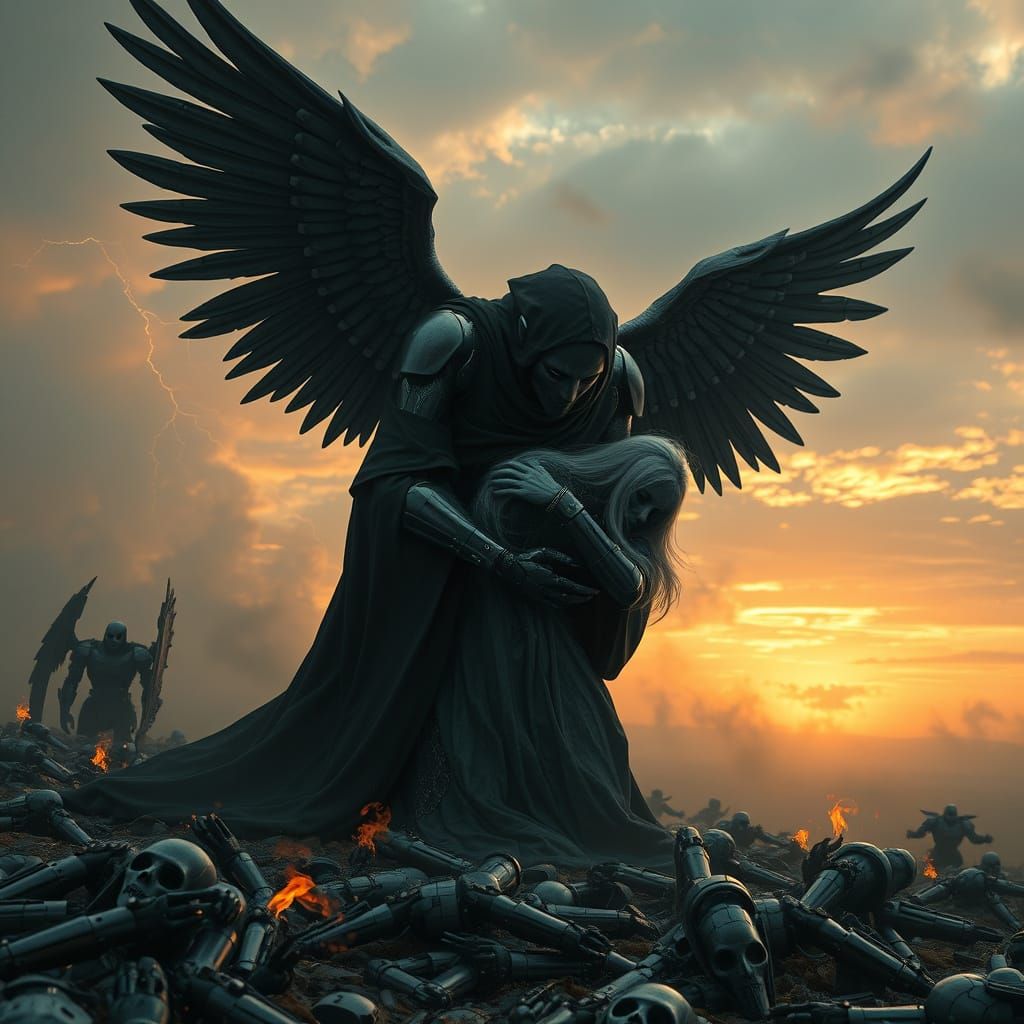 Cybernetic Angel of Despair in a Stormy Sunset