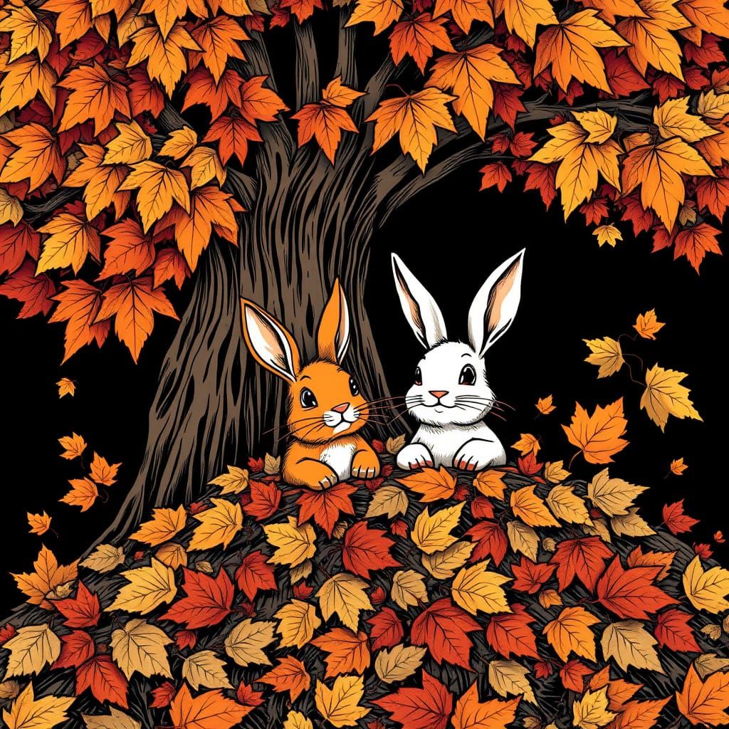 Whimsical Autumn Fantasy with Rabbits and Maple Tree