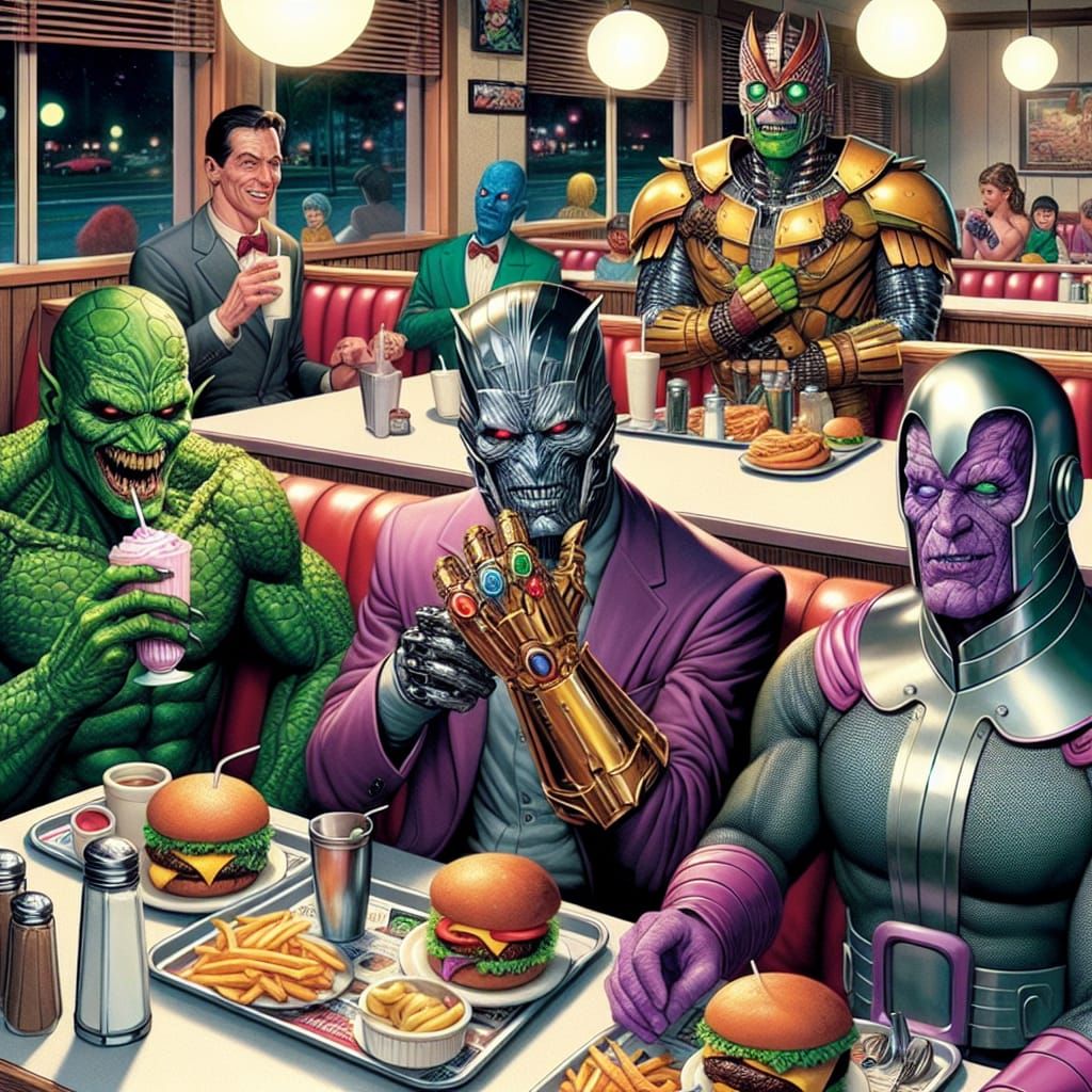 Supervillains eating at a diner