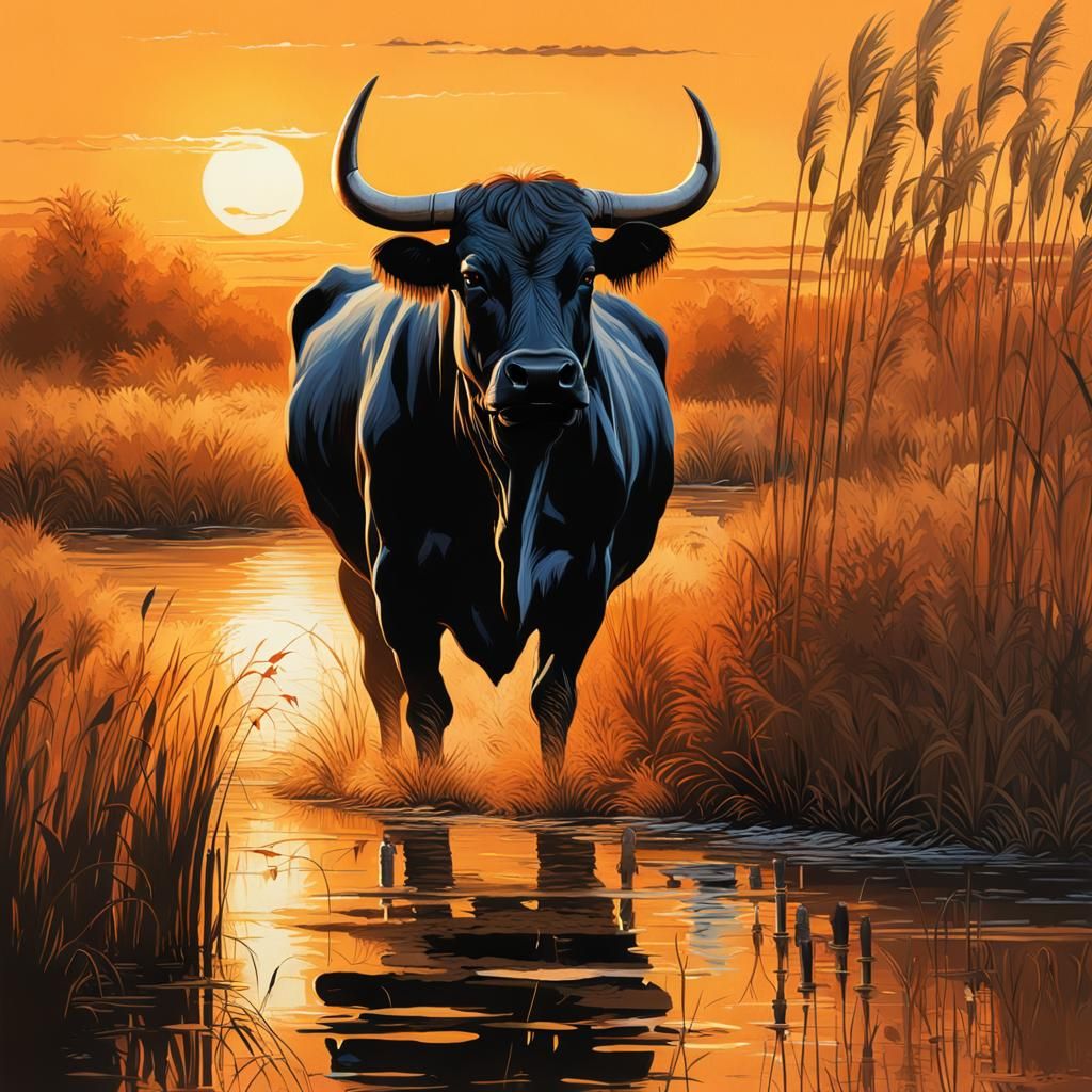 Black Bull in Camargue Sunset: Hyperrealistic Splash Art