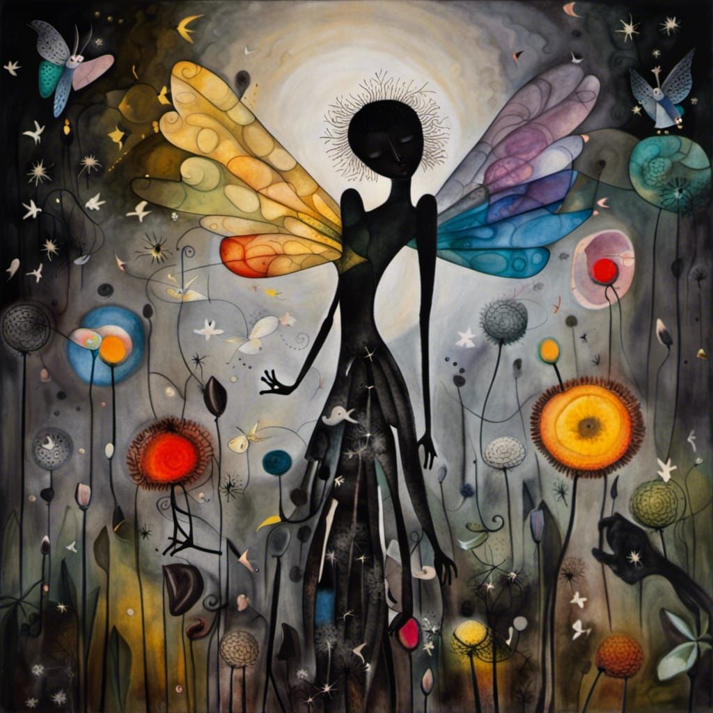 Winged Fairies in Dandelion Dreamscape, Surreal Art