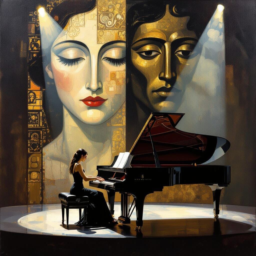 Female Pianist Plays Grand Piano on Stage in Black and Gold