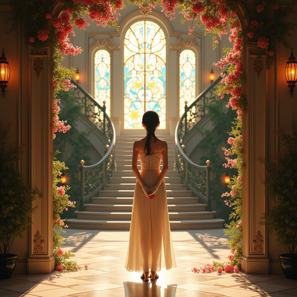 Elegant Woman at Baroque Mansion Entrance