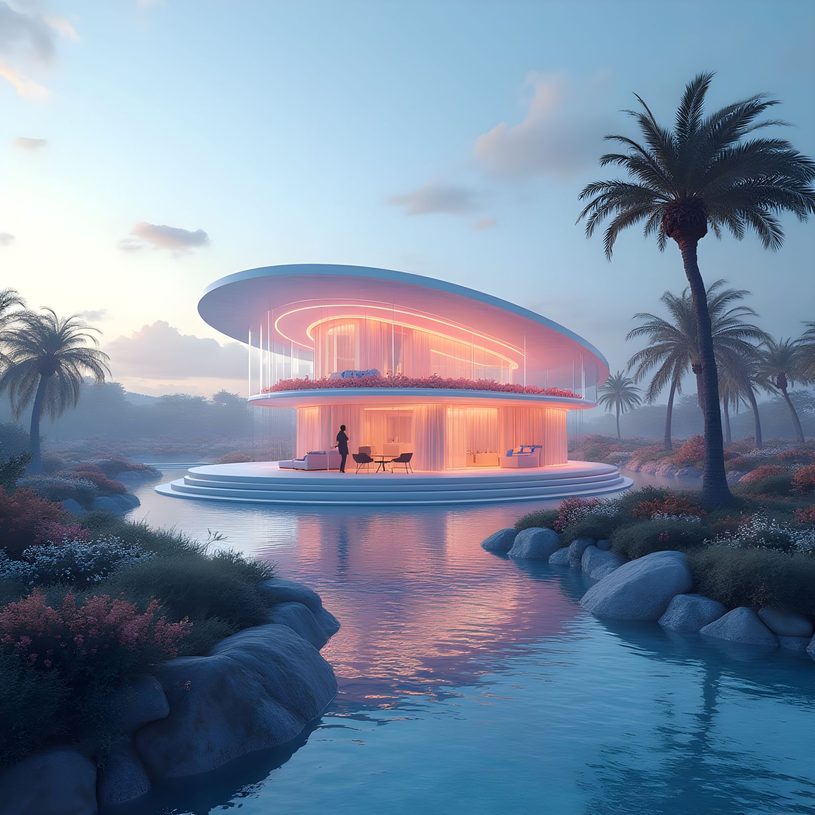 Floating Futuristic House Amidst Golden Sunset Clouds in a V...