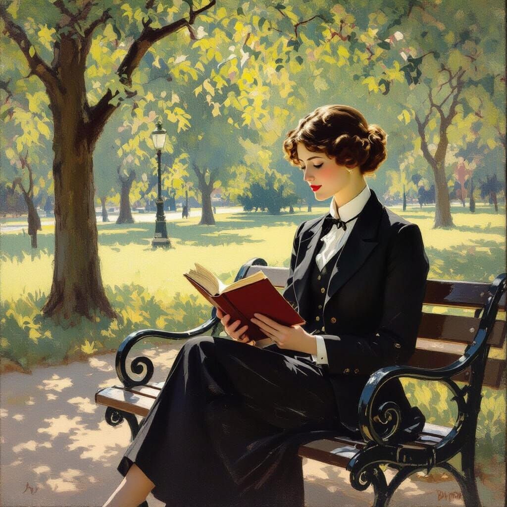 1910s Woman in Suit Reading on Bench