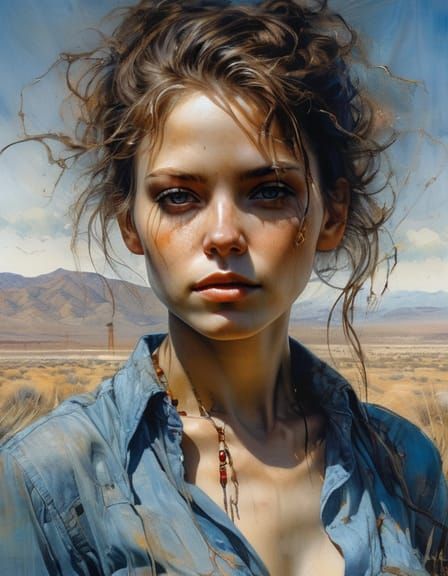 Expressive American Woman in California, Oil Painting Style