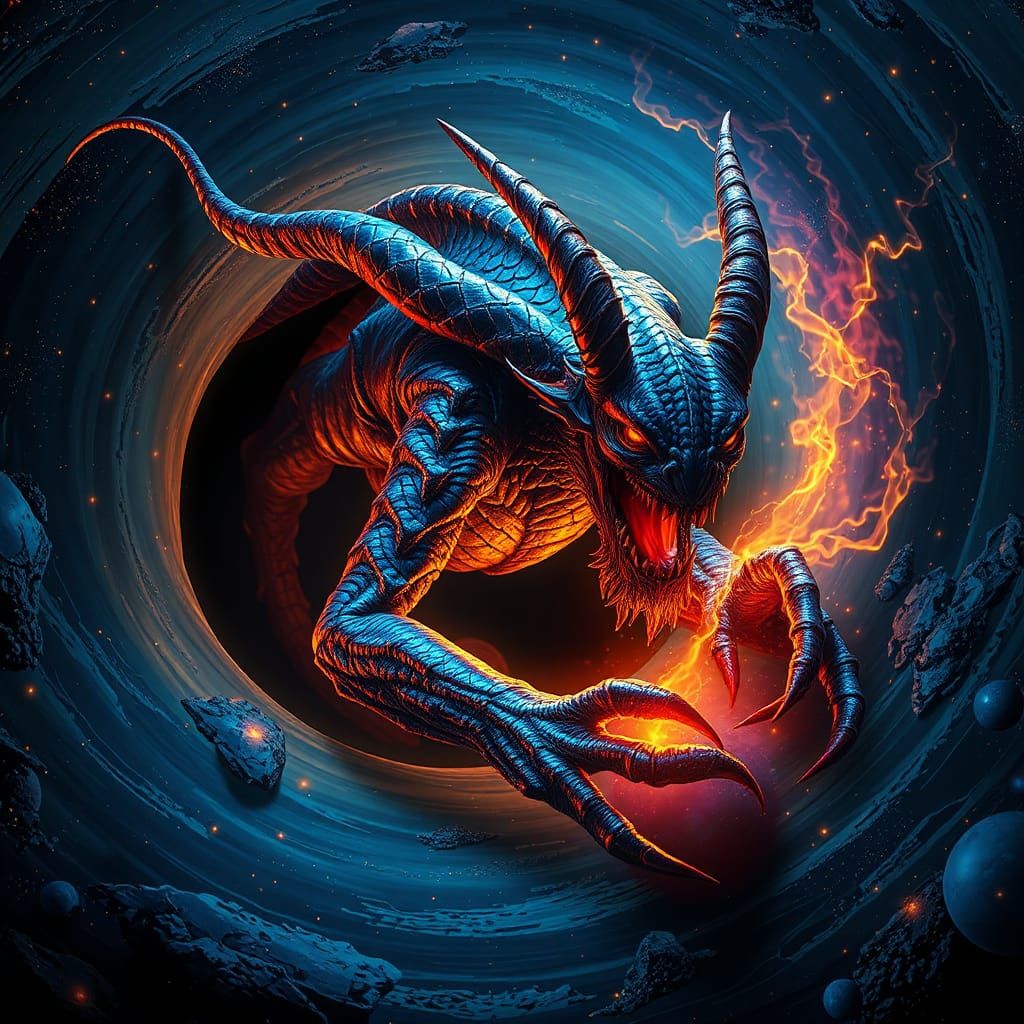 Cosmic Demon Emerges from Black Hole: Surreal Oil Painting