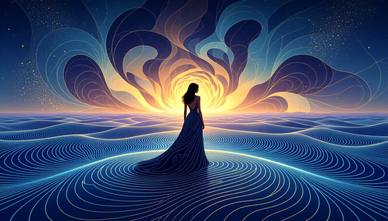 Woman Emitting Generative Art on Fractal Landscape