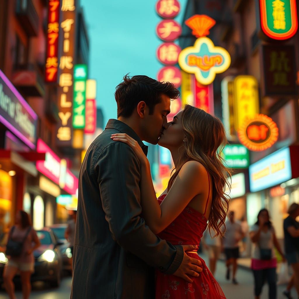 Romantic Couple Under Neon Skies, Cinematic Film Still