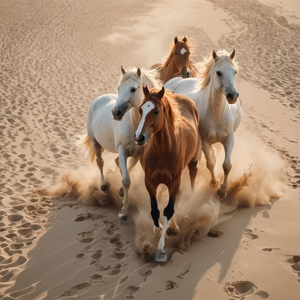 Horses Running on Beach in Golden Hour Light