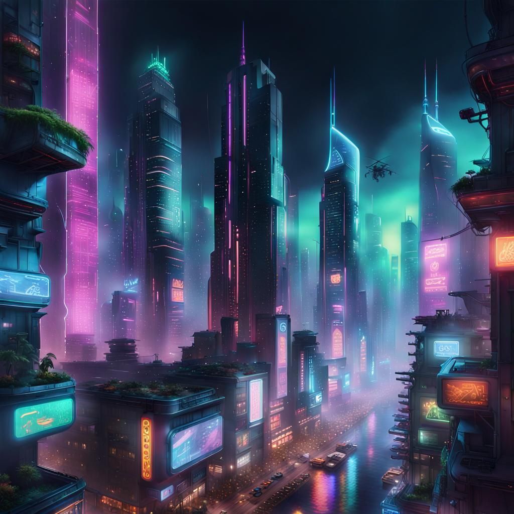 Cyberpunk Cityscape with Neon Skyscrapers and Flying Cars
