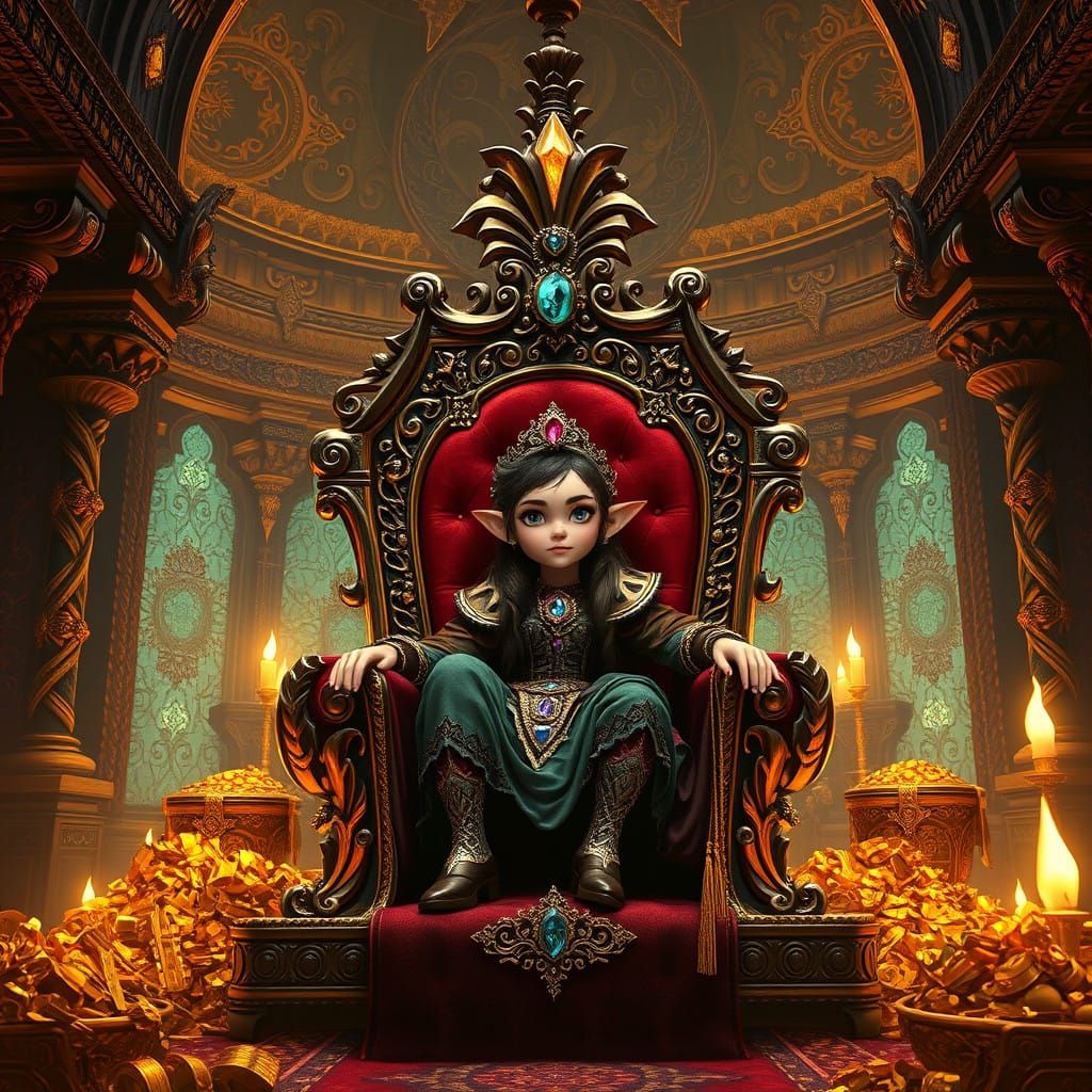 Majestic Dwarf Queen Surrounded by Treasures in Lavish Thron...