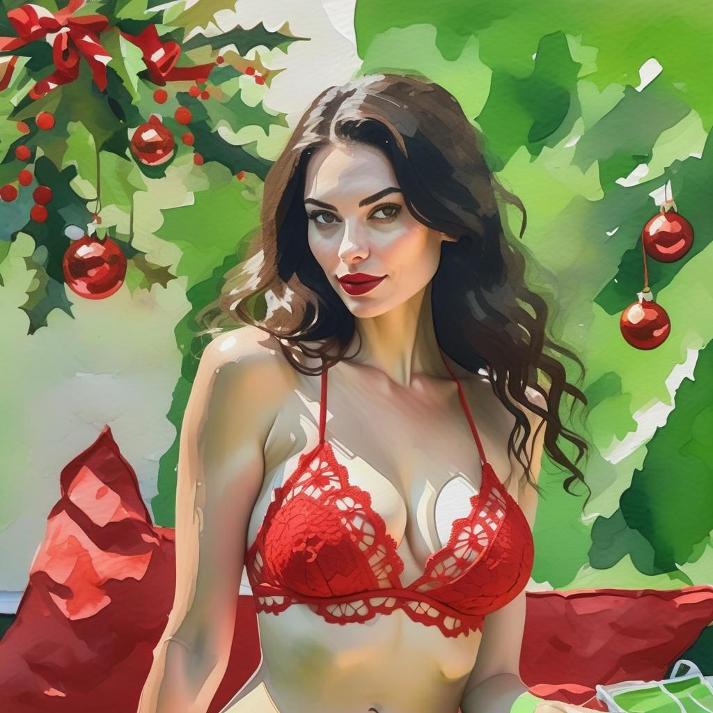 Brunette in Bikini: Gouache Style Christmas Portrait