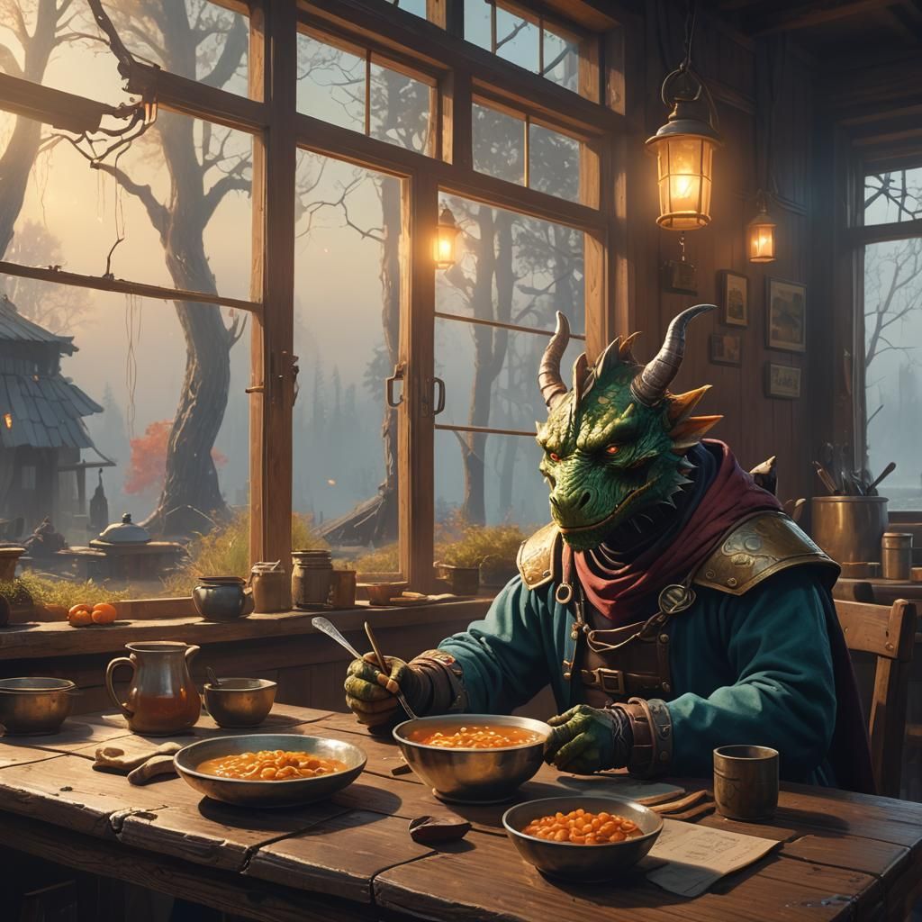 Dragonborn Child Eating Soup: Fantasy Art