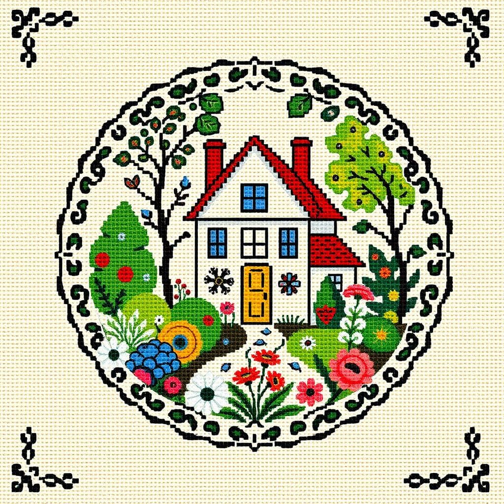 Whimsical Folk Art Cross-Stitch Circle