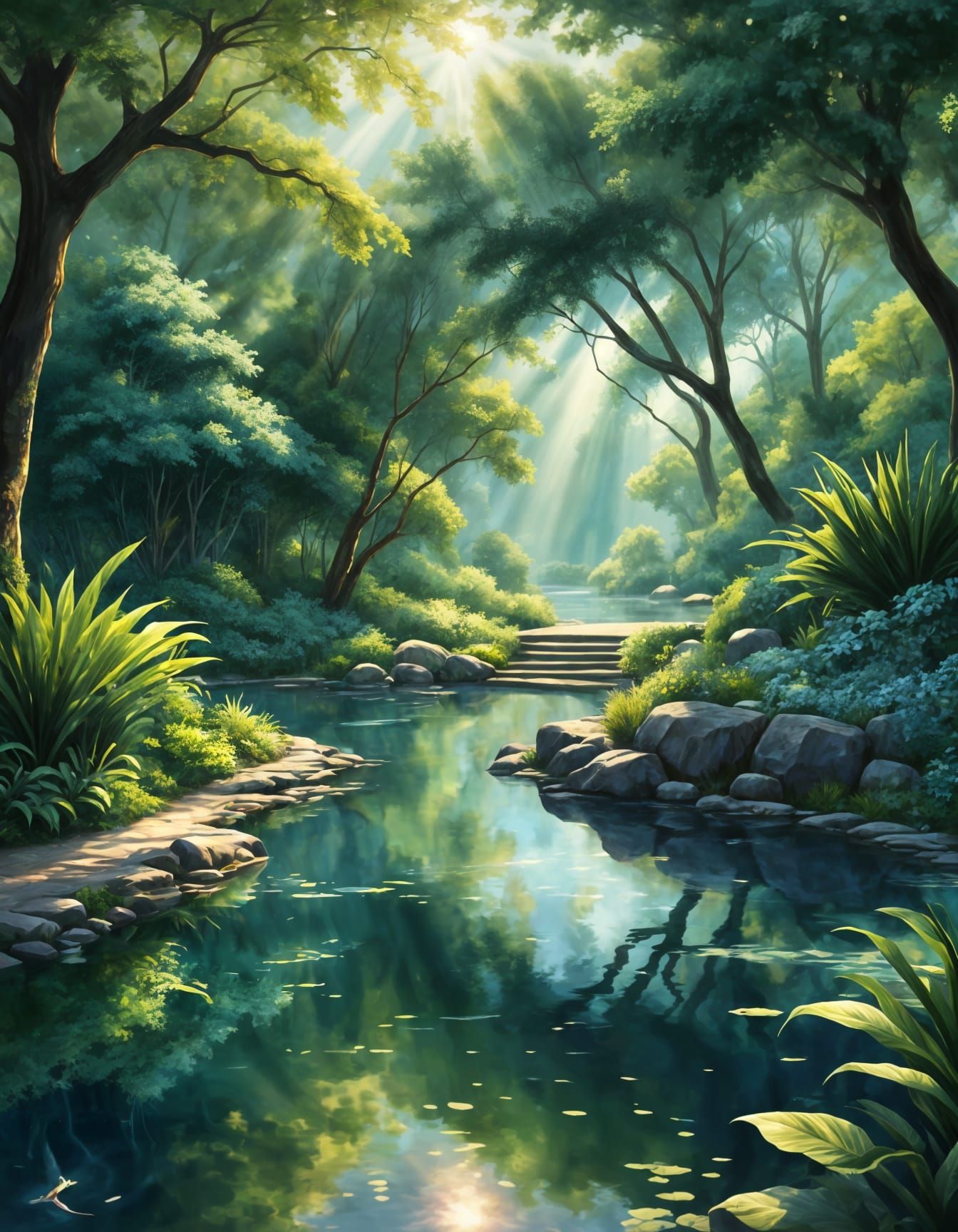 Ethereal City Park Oasis with Pool Reflection