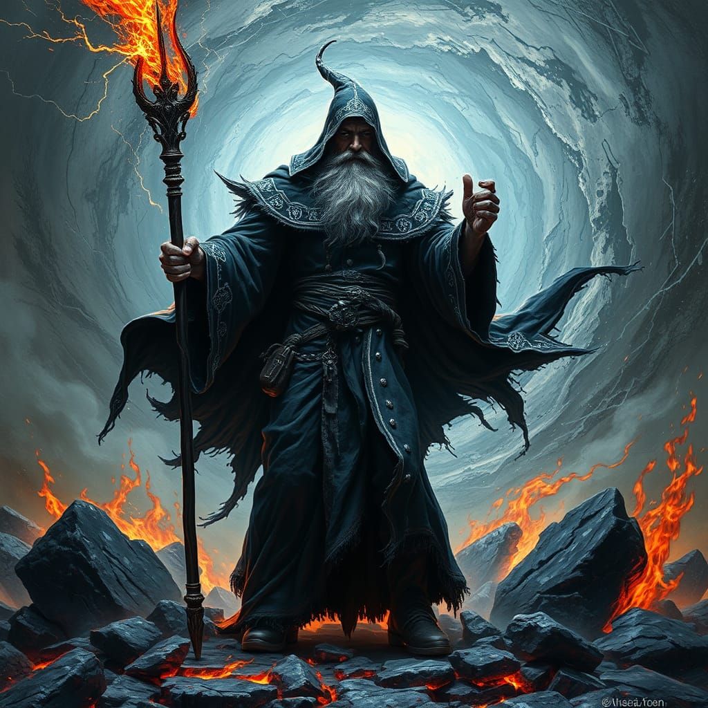 Powerful Wizard Amidst Swirling Destruction