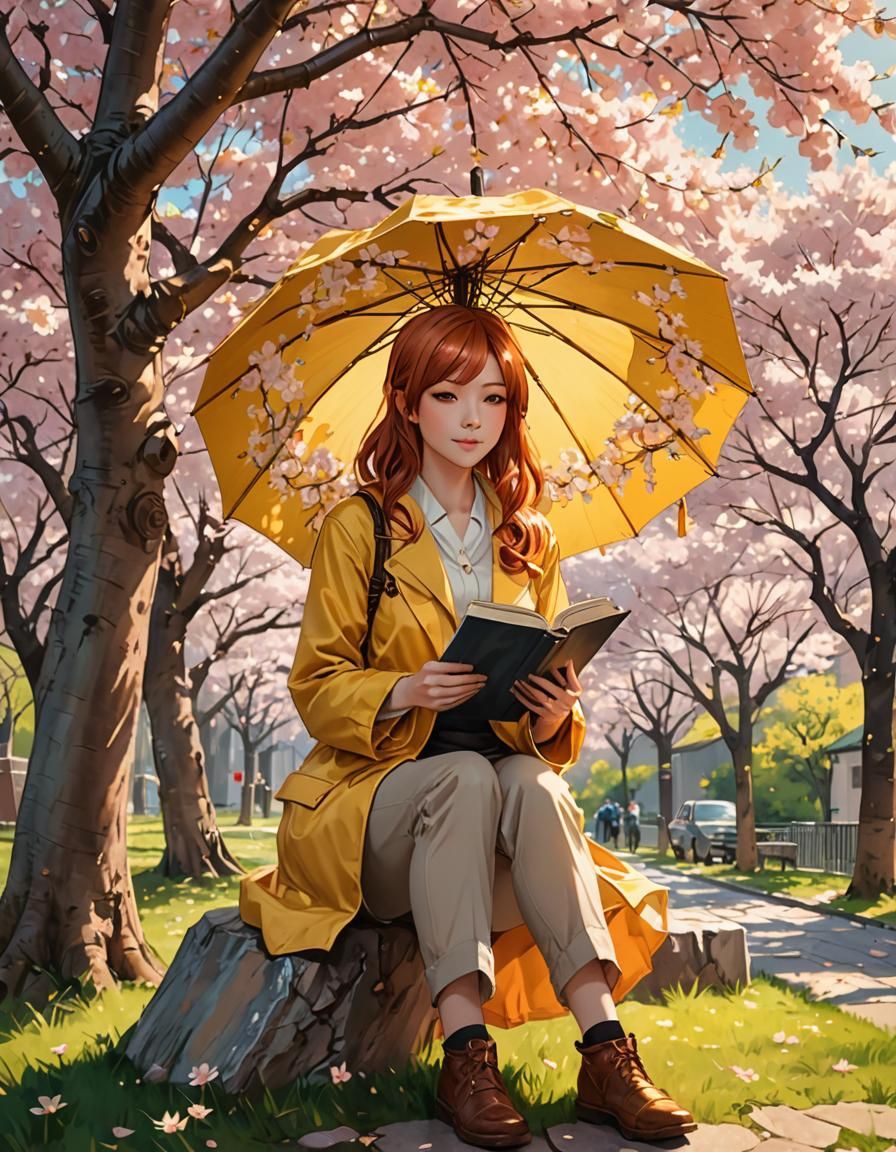 Anime Woman Reading Under Cherry Blossom Tree