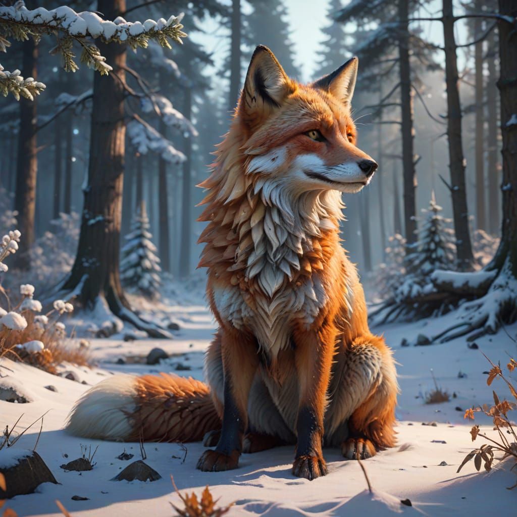 Folkart-Style Winter Fox in Sunlit Forest Clearing at Sunris...