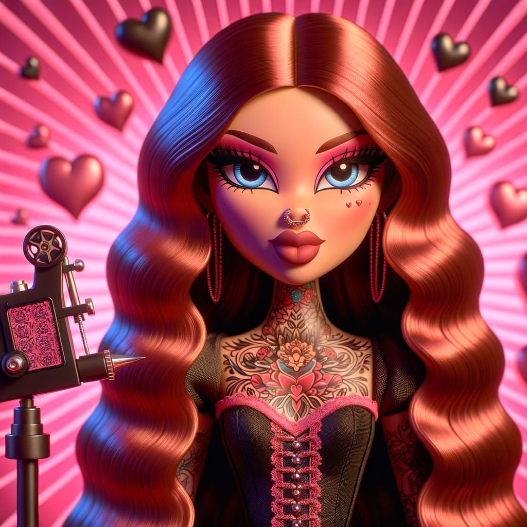 Bratz Doll Woman with Red Hair Holding Tattoo Machine
