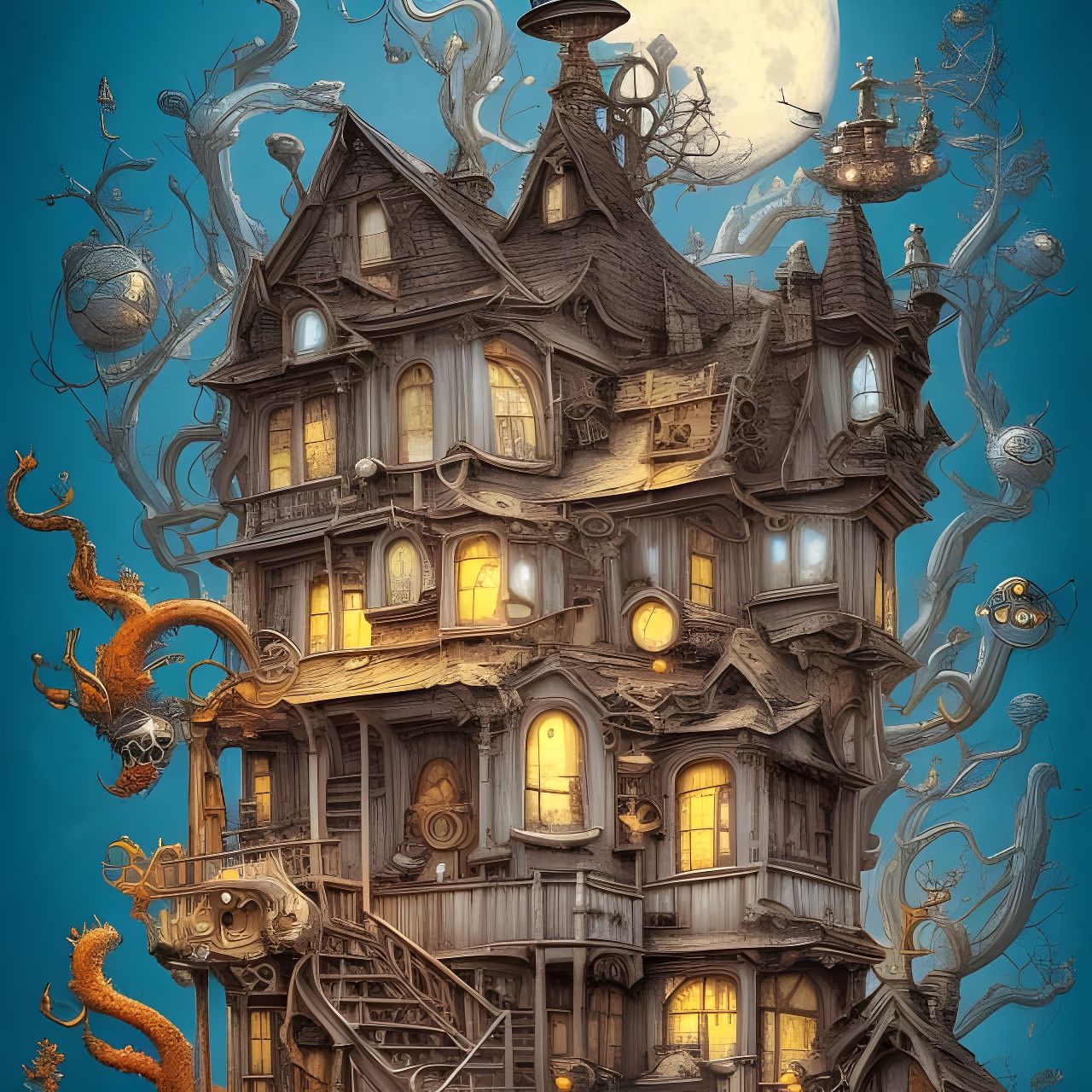 Quirky Full Moon House in 3D Comic Animation Style