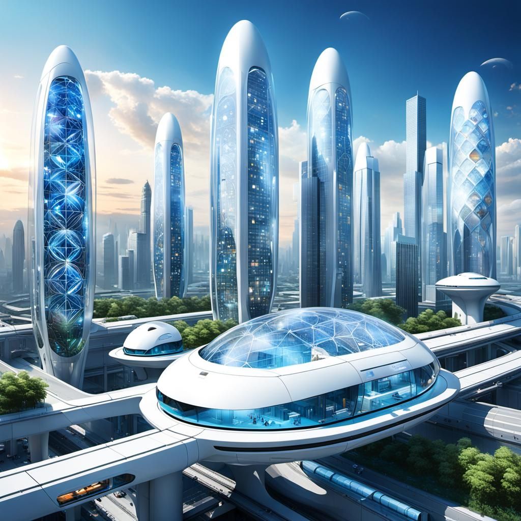 Futuristic Space City with Flower of Life Designs