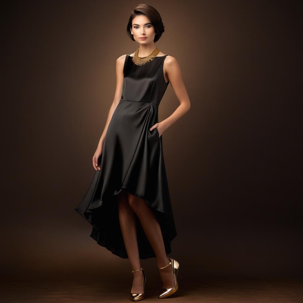 Elegant Woman in Black Silk Dress, Airbrush Portrait