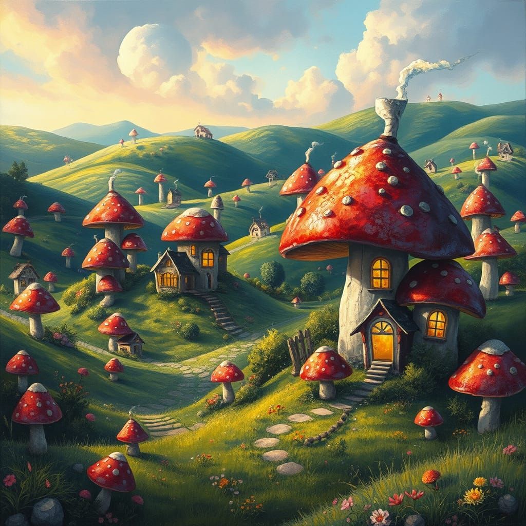Whimsical Mushroom Village in Epic Impressionist Style