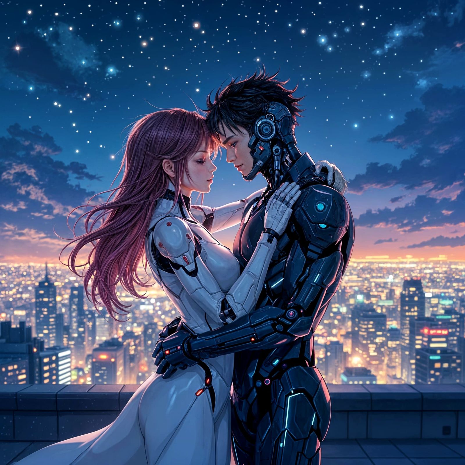 Cyborg Lovers Embrace Under City Lights in Manga Style