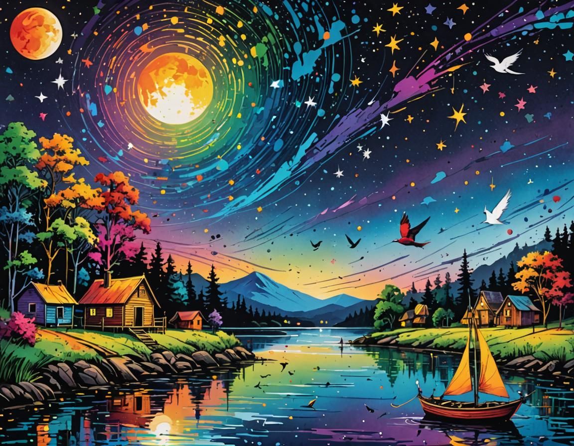 Rainbow River Scene with Bird: Ink Splatter Illustration