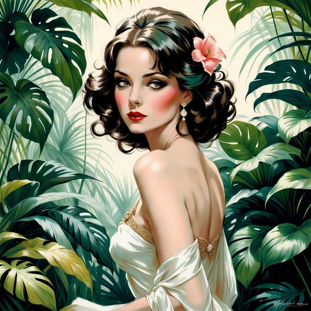 Elegant Portrait of Beautiful Woman in Art Nouveau Style