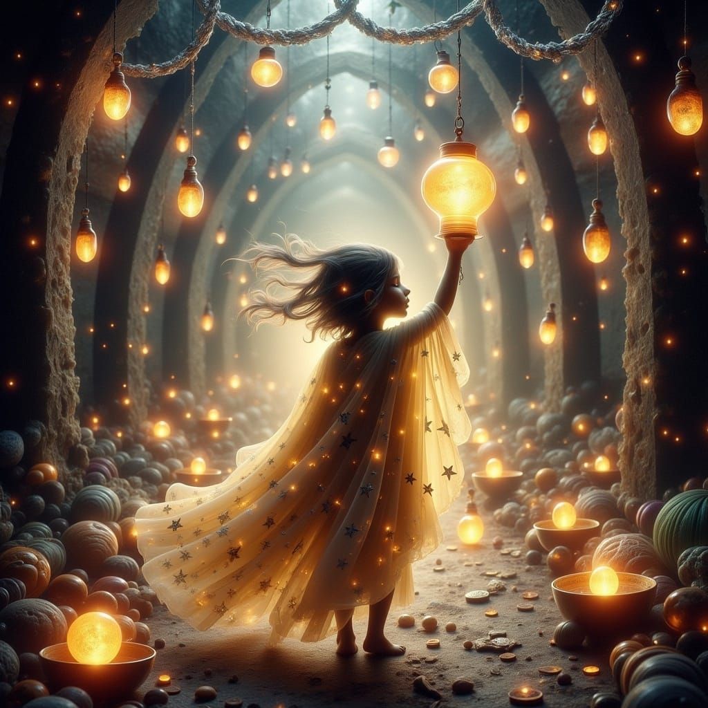 Girl with Lantern in Ethereal Village