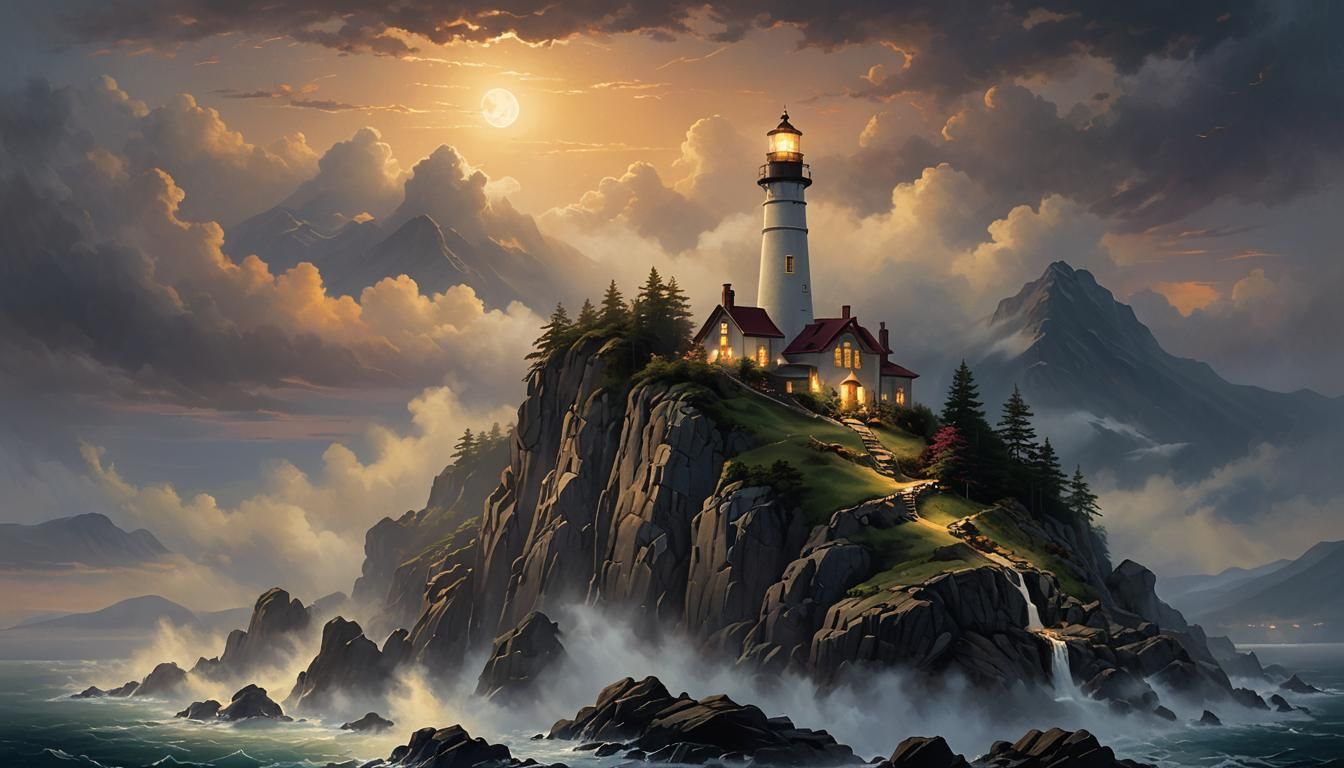 Lighthouse on Misty Mountain in Whimsical Style