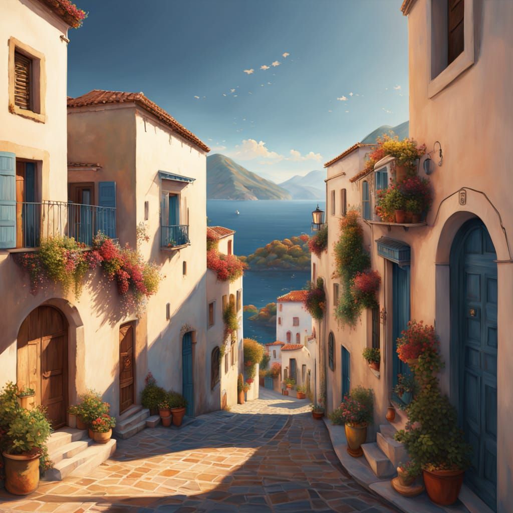 Greek Village Street Scene in Cinematic Oil Painting Style