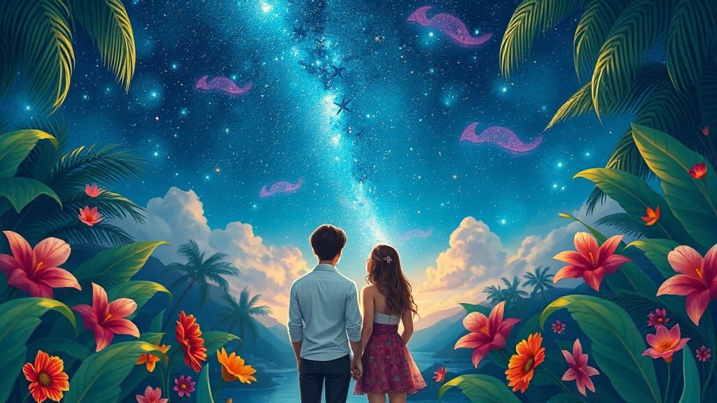 Couple Gazing Up at a Vibrant Starry Night Sky in Paradise
