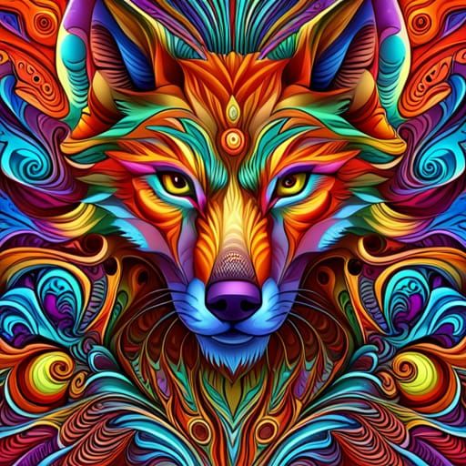 Rainbow Wolf with Crystal Teeth: Abstract Digital Art