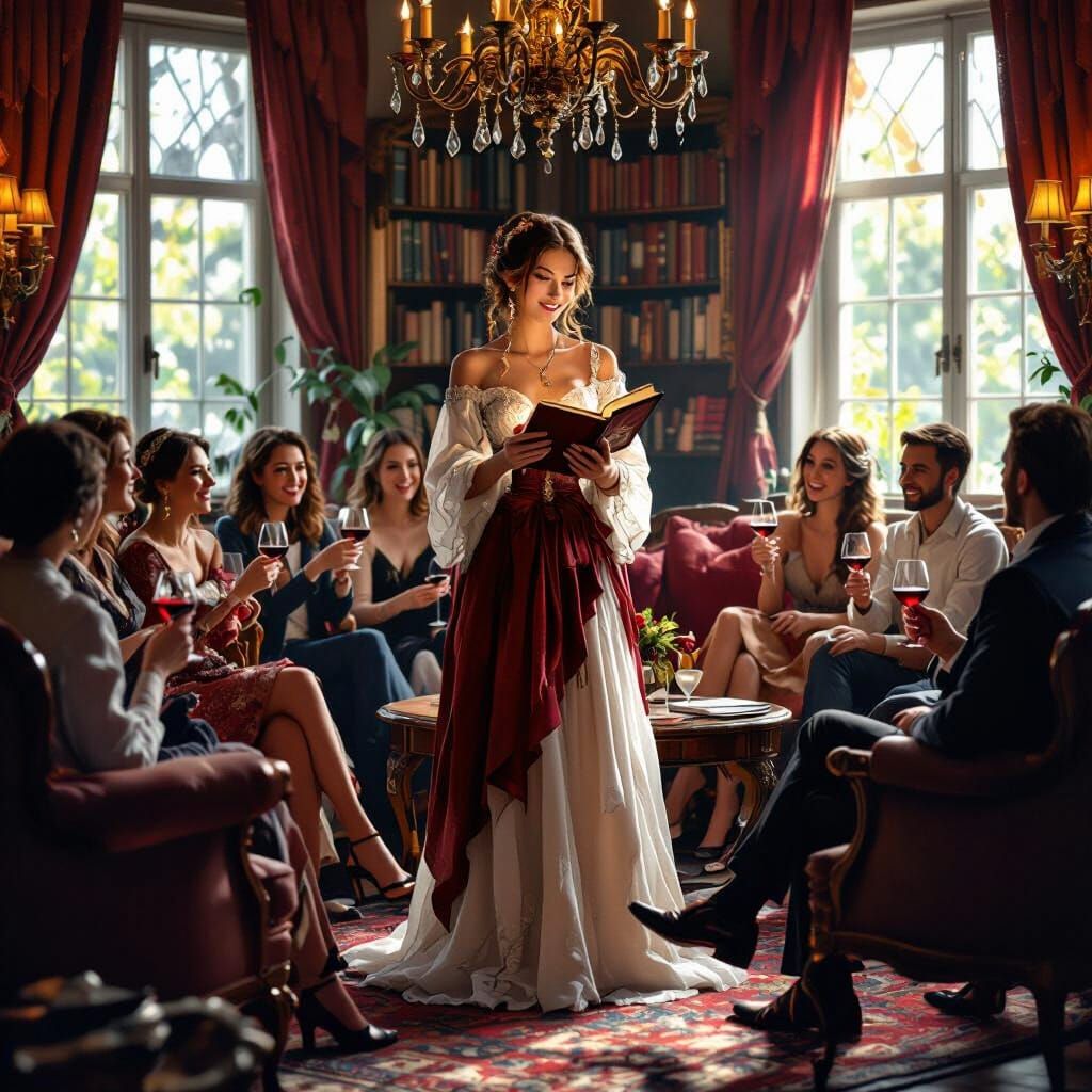 Poetess Captivates Guests in Cozy Fantasy Room