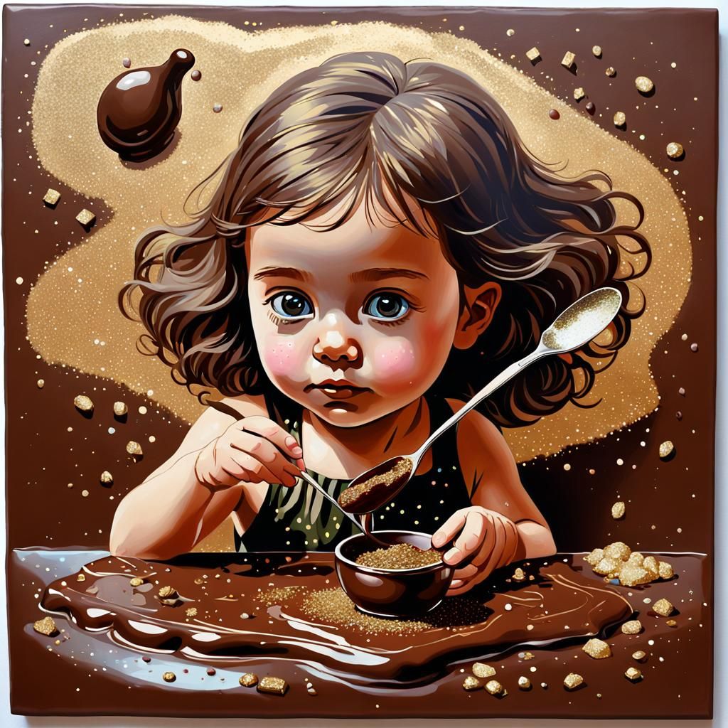 Child in Surreal Chocolate World: Oil Painting