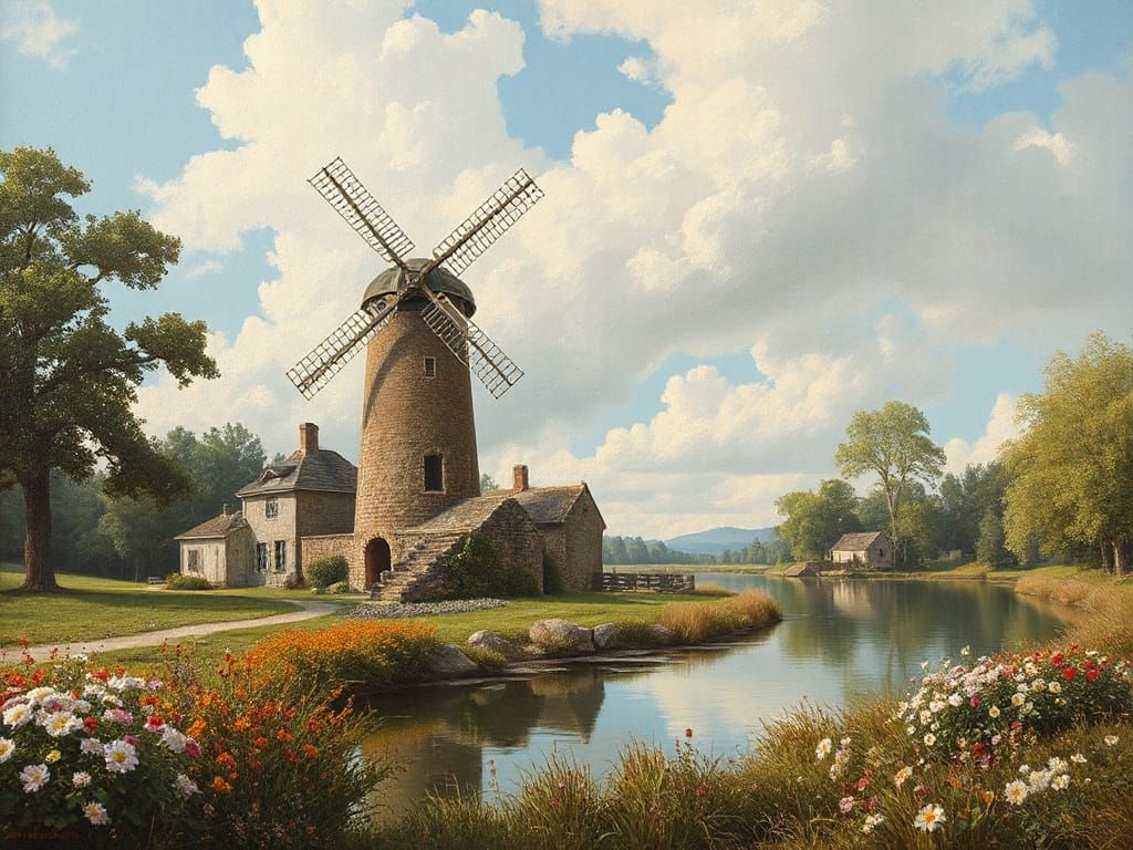 Medieval Village Scene in Photorealistic Oil on Canvas