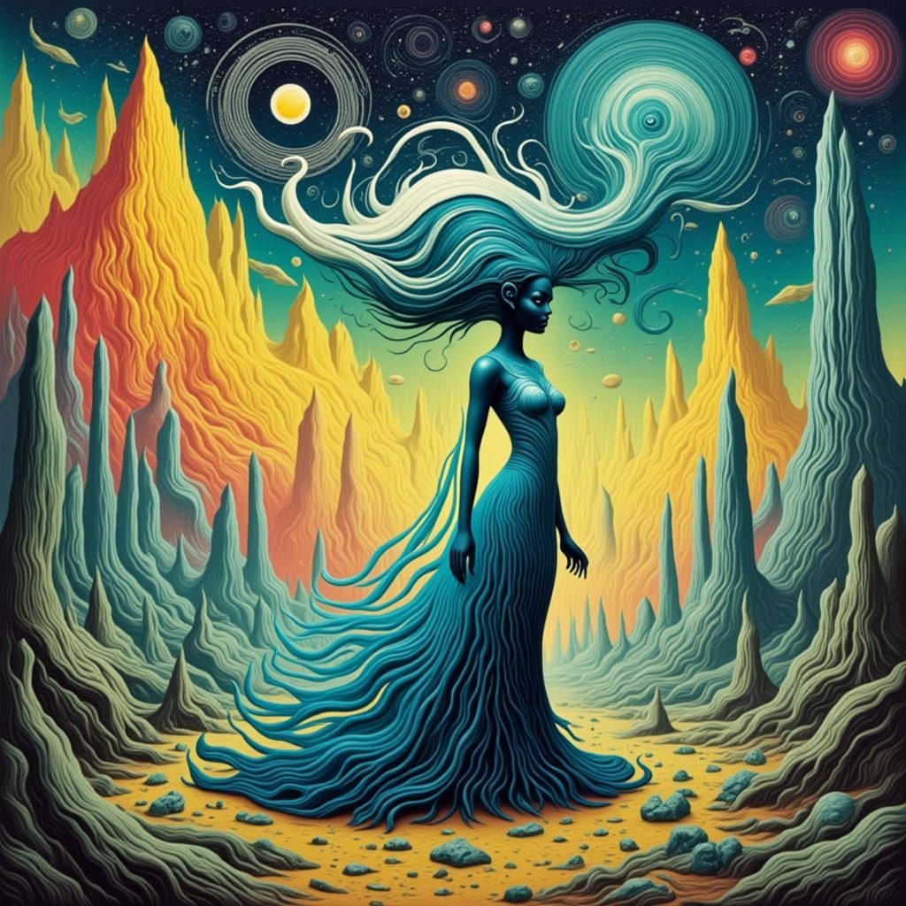 Cosmic Woman on Alien Planet in Surrealist Style