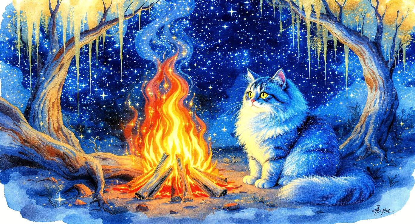 Surreal Watercolor Cat by Moonlit Campfire