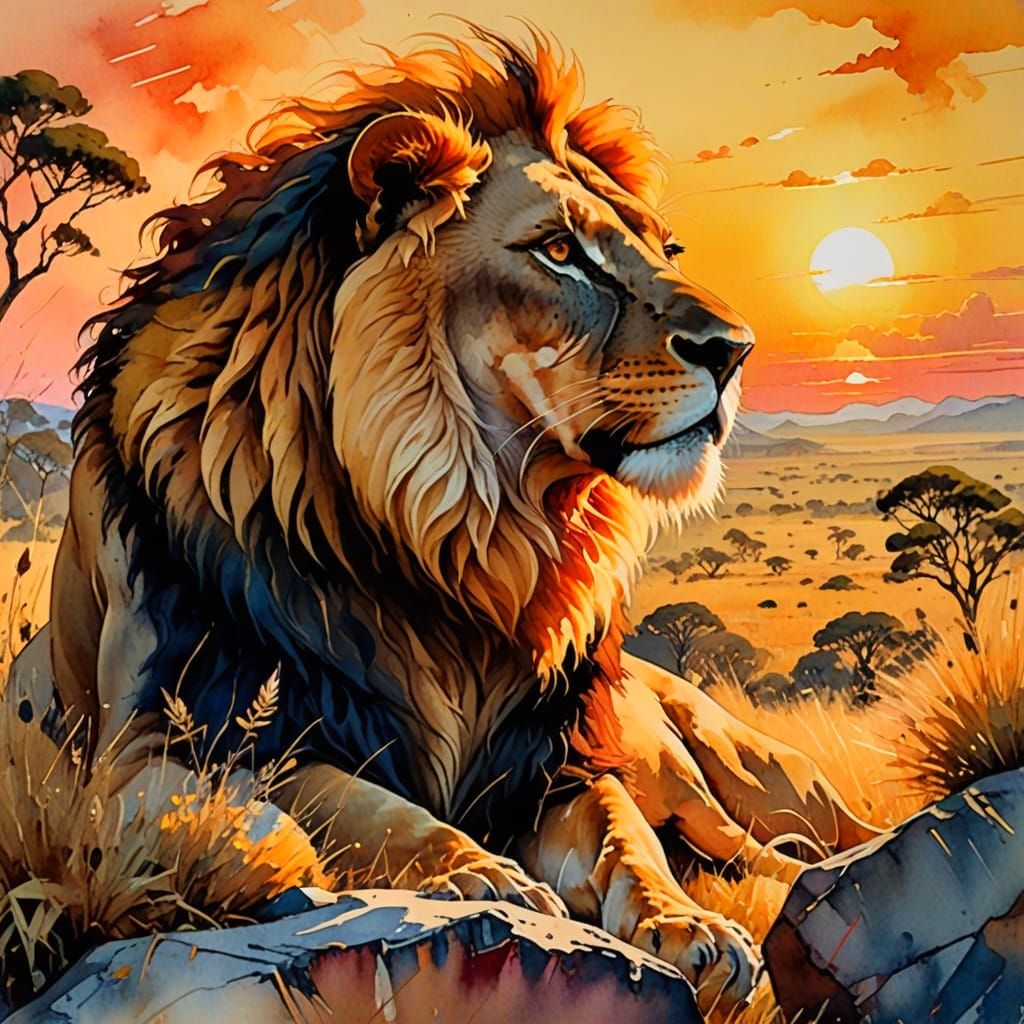 Surreal Sunset Lion in Vibrant Watercolour Style