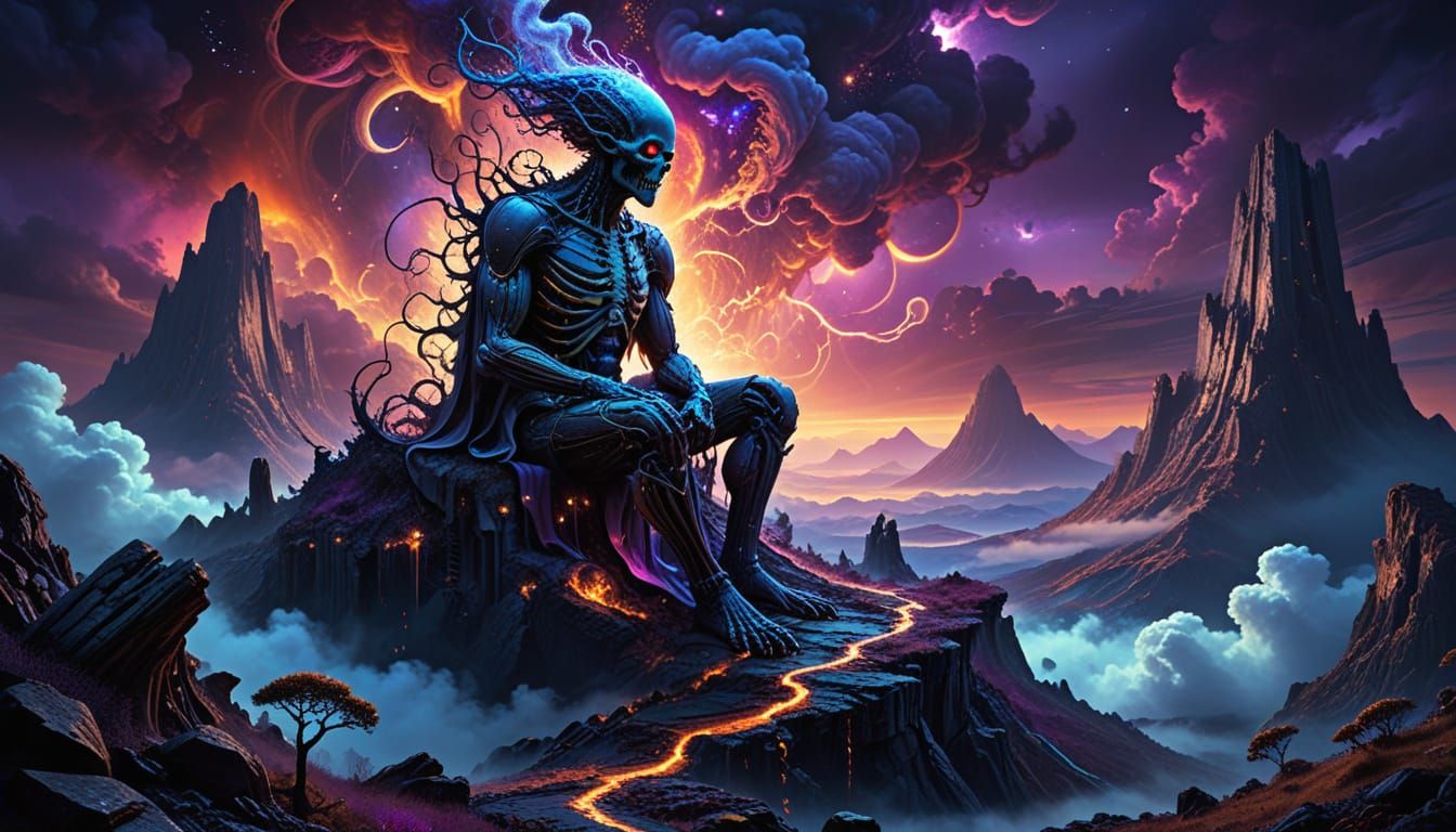 Biomechanical Landscape with Figure in Surreal Digital Art